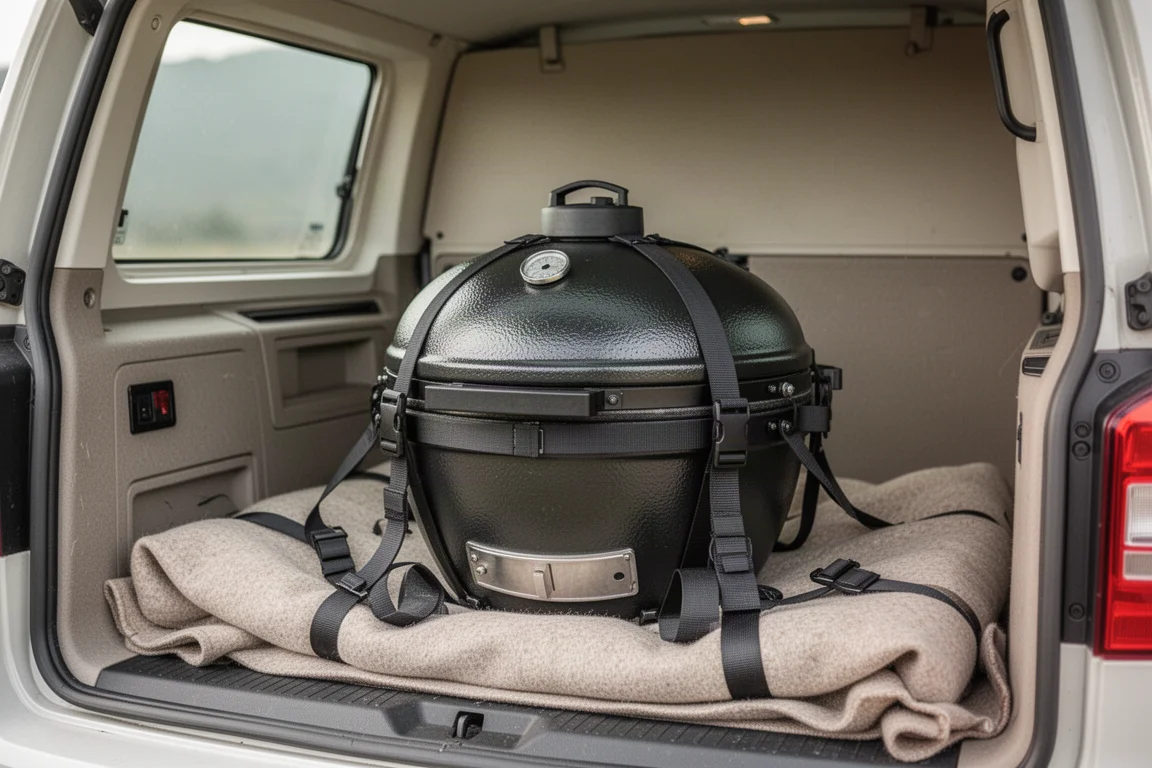 Barbecue céramique compact sanglé avec des sangles pour le transport dans un véhicule