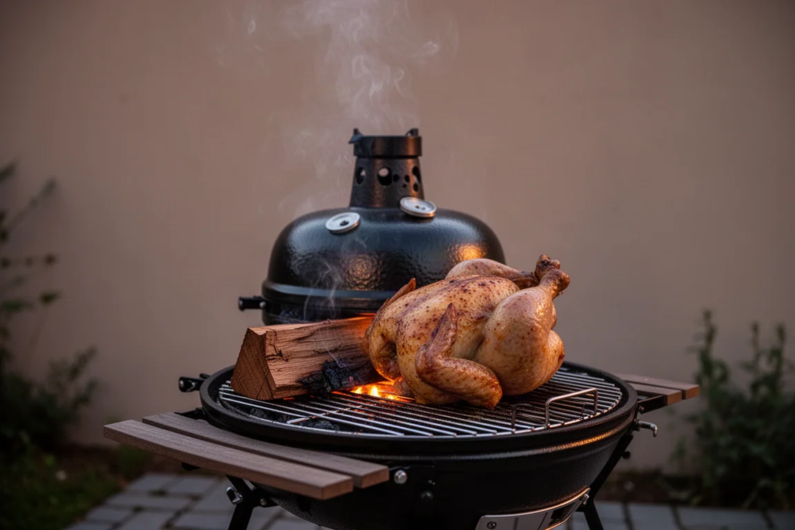 Cuisson lente à basse température sur un barbecue céramique au crépuscule, avec une fumée douce