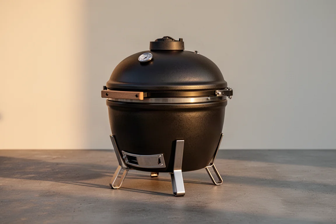 Compact black ceramic kamado grill on a stand on a concrete surface