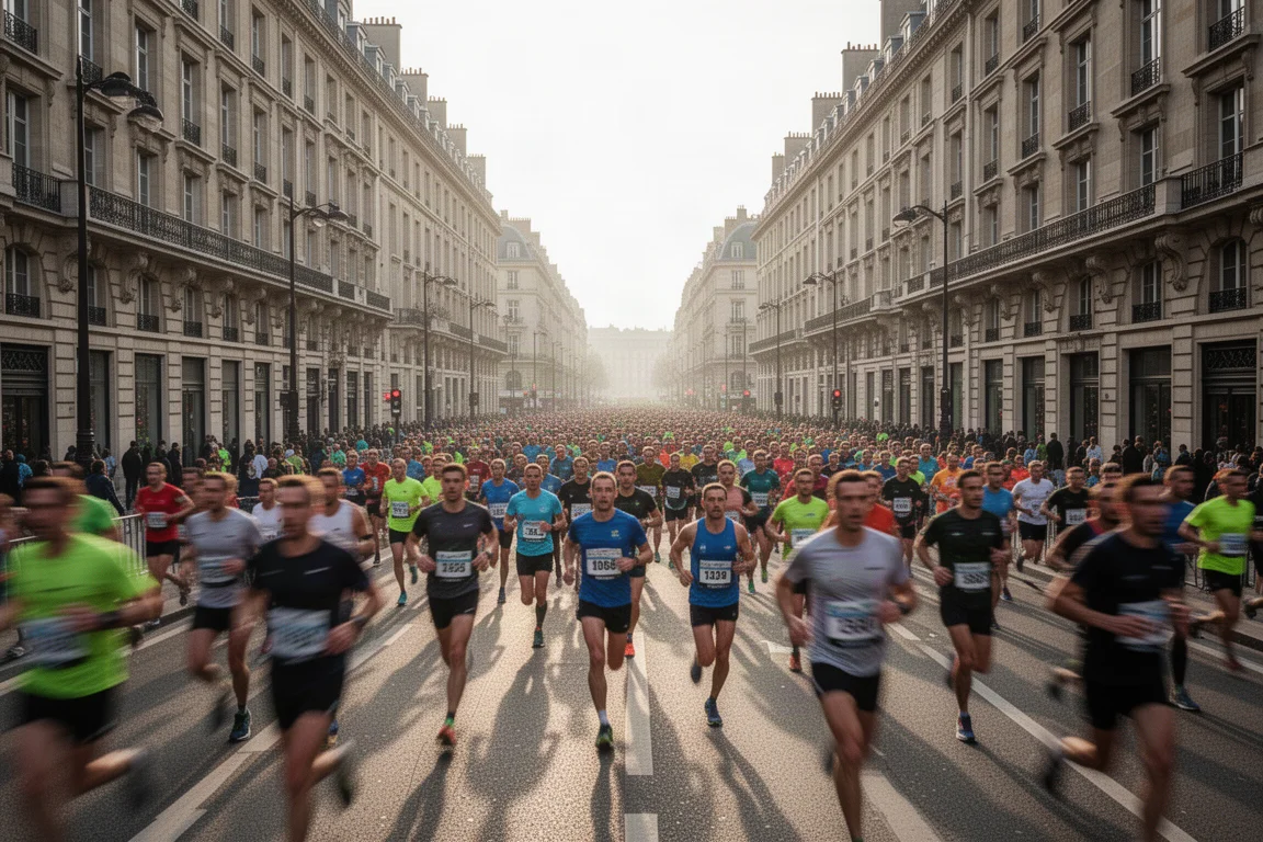 Runners in a crowded city 10K weaving through traffic near tall buildings