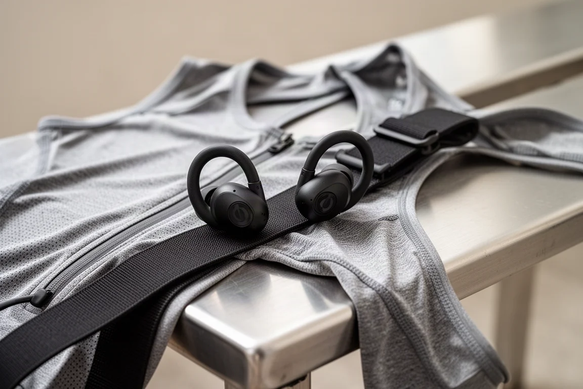 Close-up of black wireless earbuds with ear hooks resting on a running vest