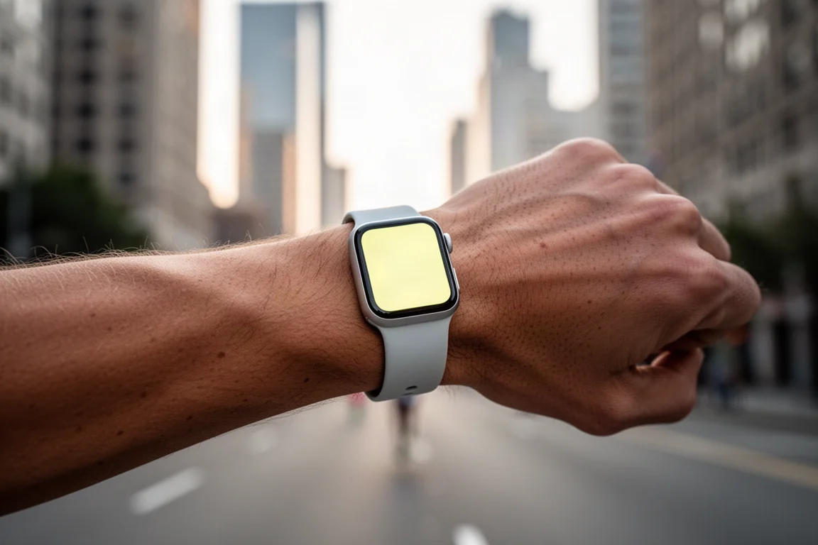 Runner's wrist wearing a lightweight sports watch against a city skyline