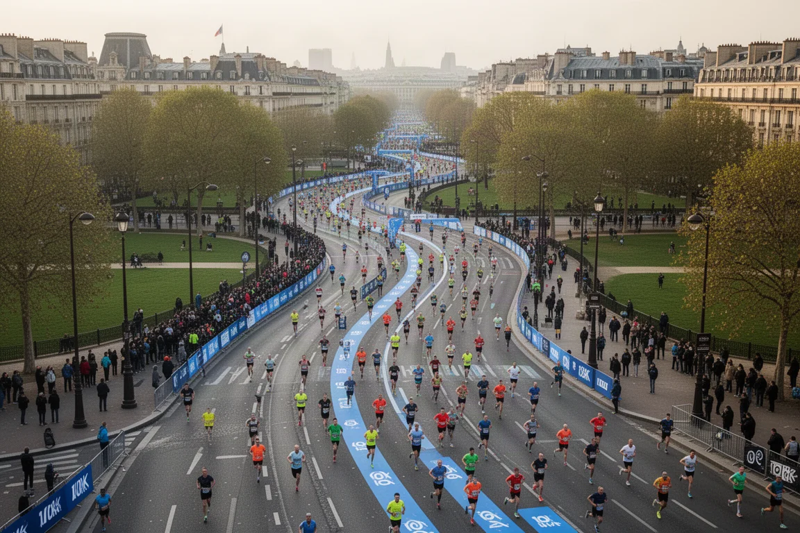 Winding city 10K race course with runners spreading out after a congested start