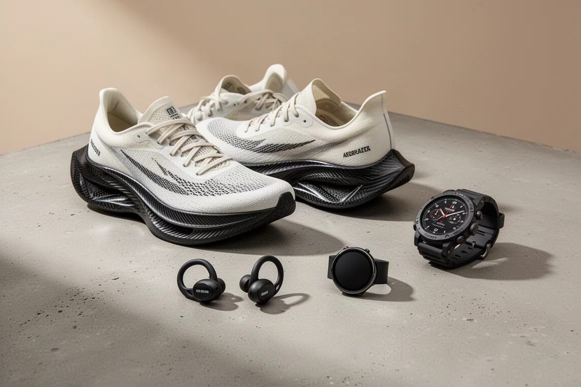 Running shoes, earbuds and two smartwatches arranged on a concrete surface