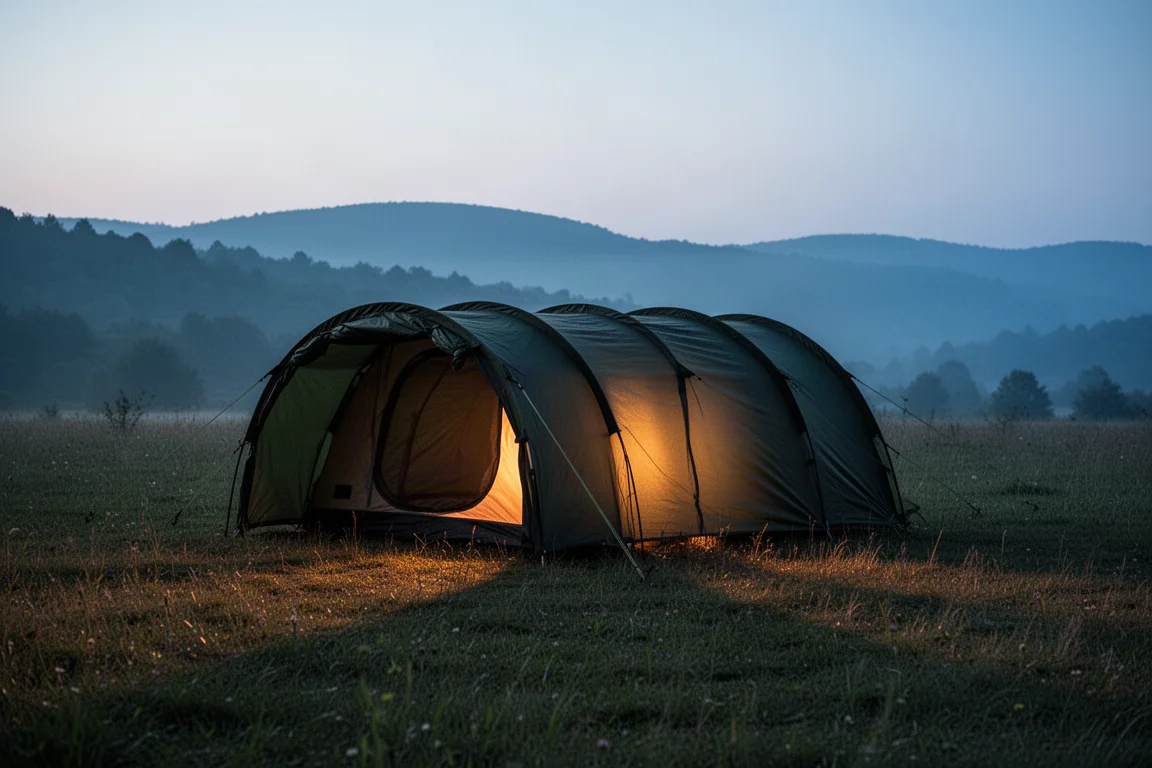 Large tunnel tent glowing with warm lantern light at a forest campsite in the evening