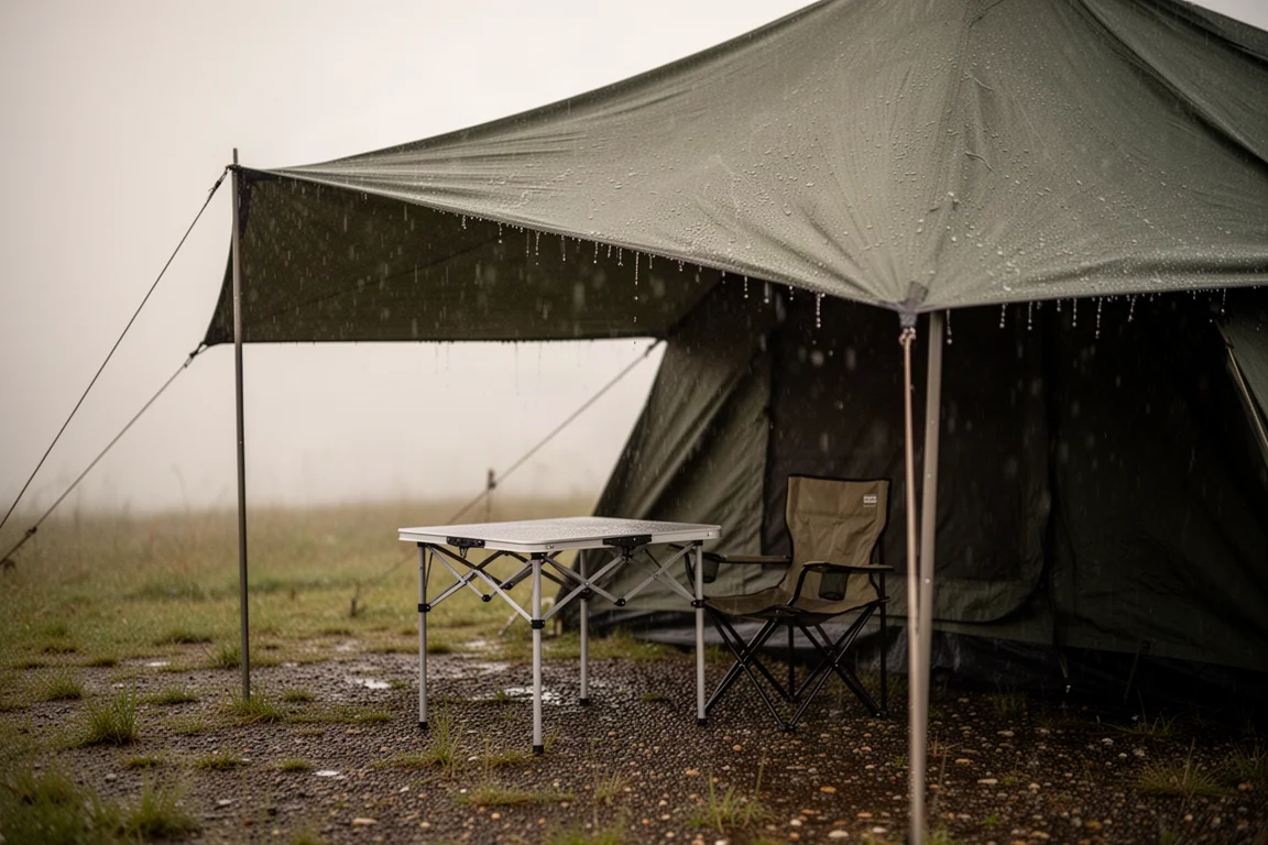 Adventure motorcycle parked in the open storage bay of a large tent at dawn