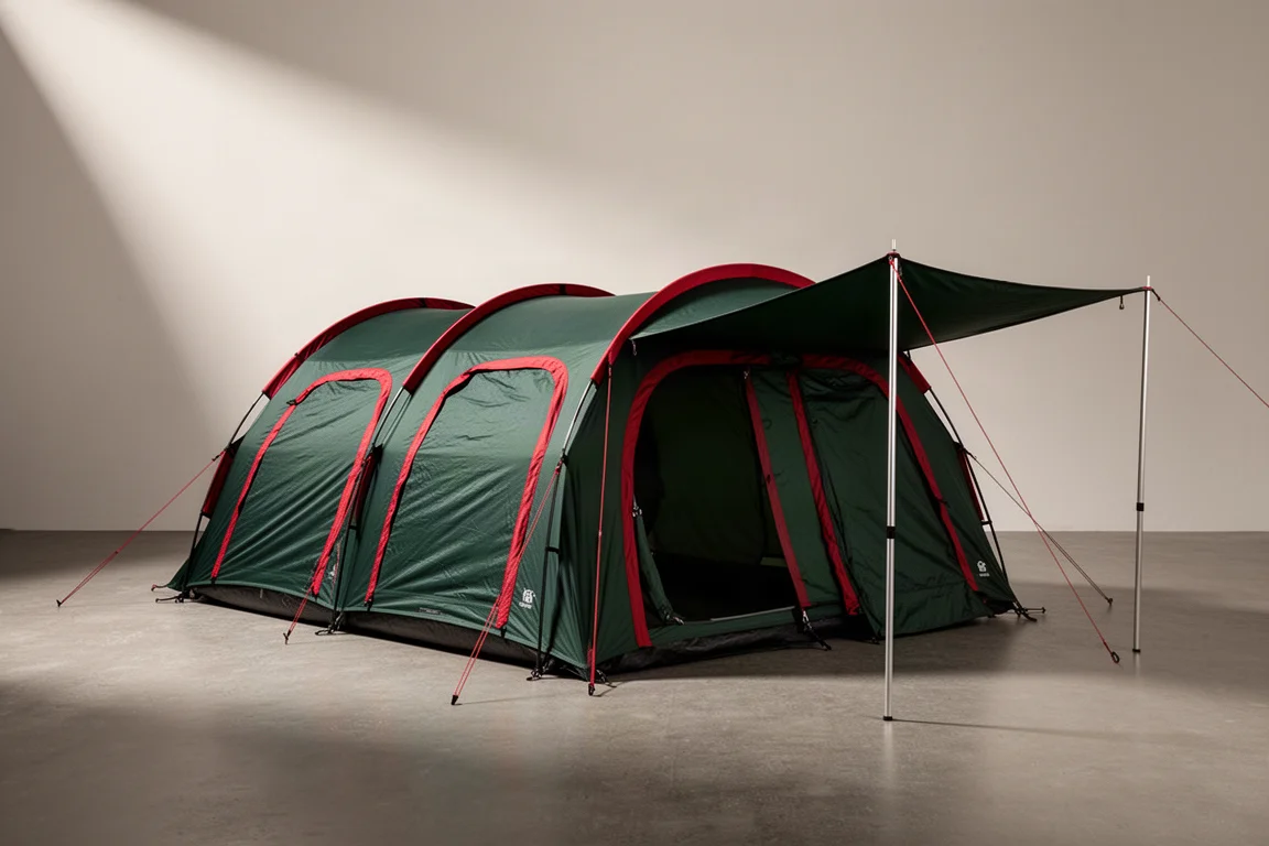 Large dark green tunnel camping tent with red accents and an extended side awning on concrete