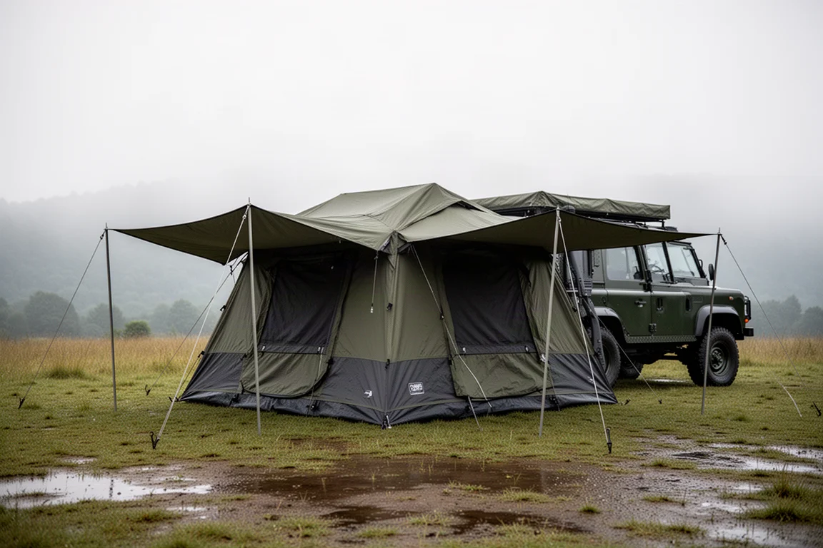Large double-wall camping tent with two awnings pitched beside an expedition vehicle