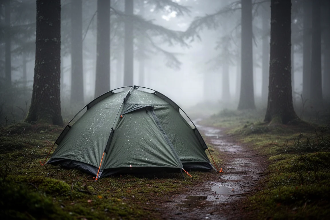 Mistige ochtend op een kampeerplek in een mosrijk bos met een kleine backpacktent