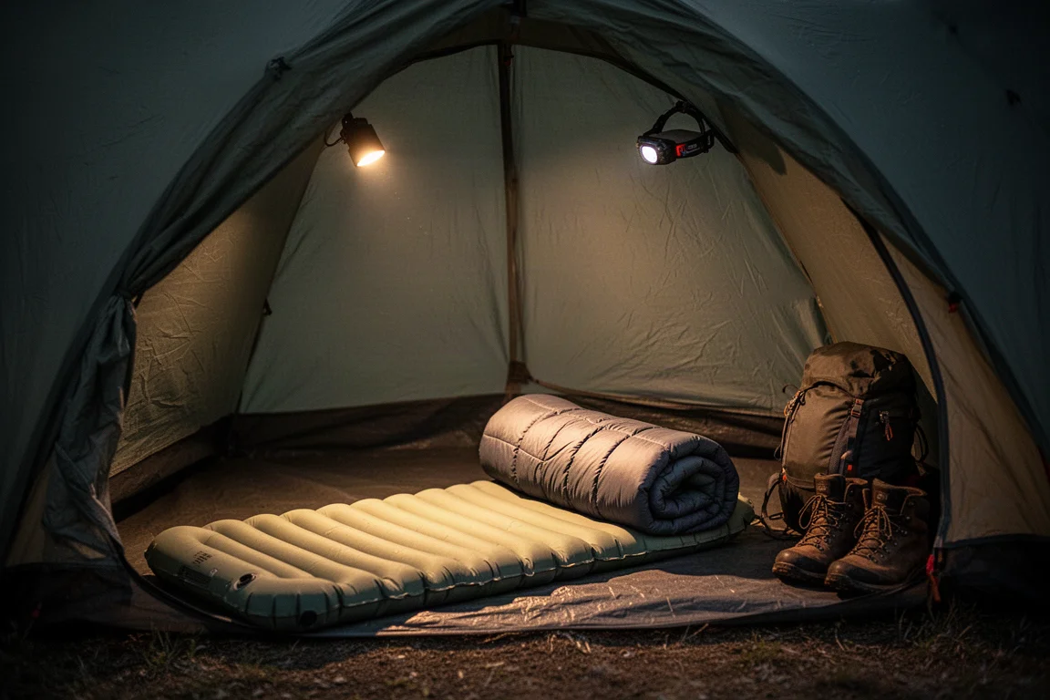 In een kleine tent 's nachts met een slaapmat en quilt onder het licht van een hoofdlamp