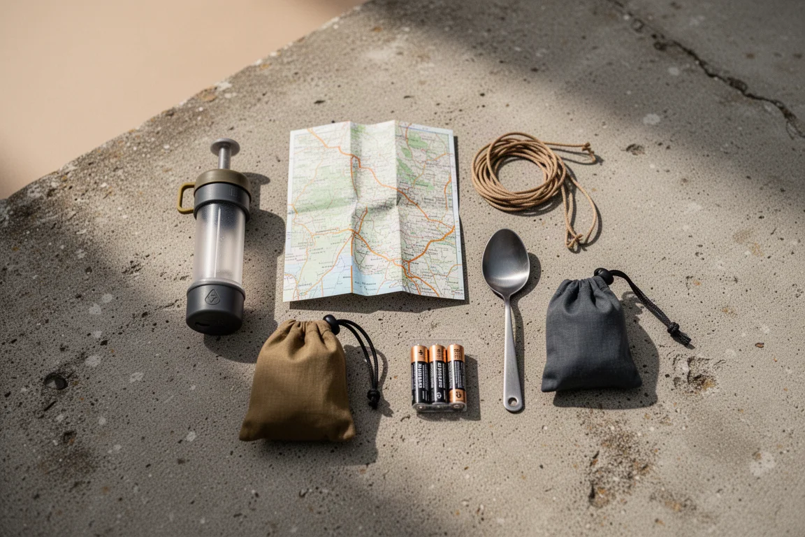 Flat-lay van bovenaf van kleine backpackbenodigdheden op verweerd beton