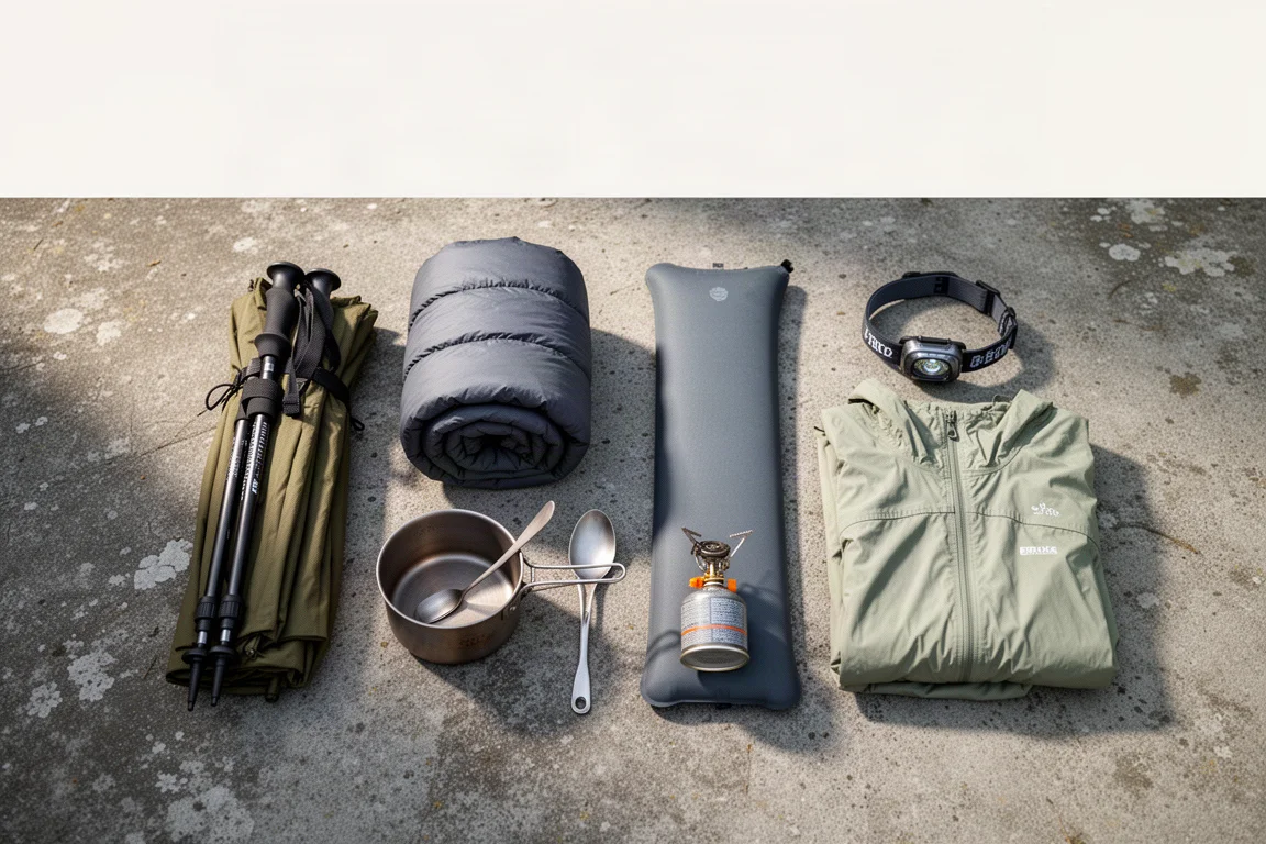 Flat-lay of backpacking gear including a tent, quilt, sleeping pad, stove and rain jacket on concrete