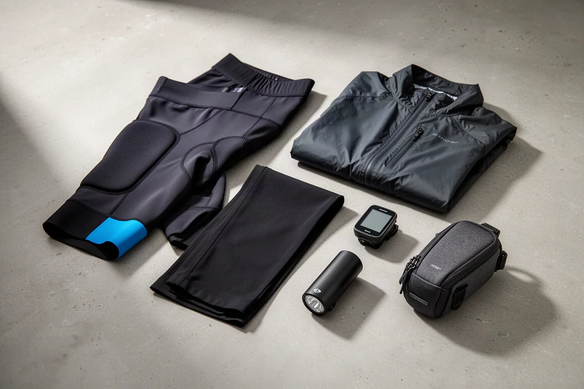 Overhead arrangement of long-distance cycling essentials on a concrete surface