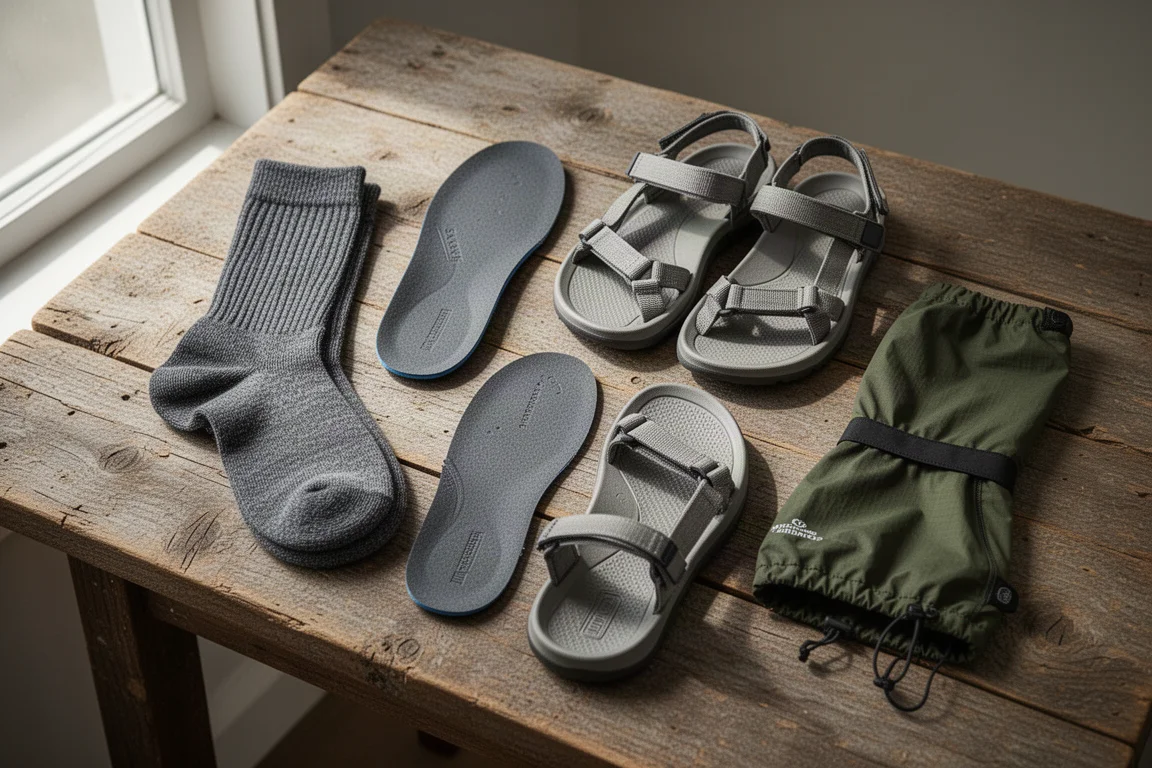 Hiking socks, insoles, foam sandals and gaiters arranged on a wooden surface