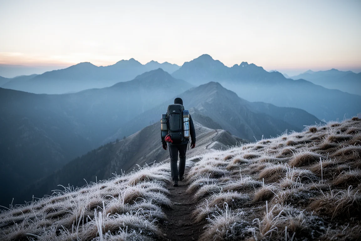 Escursionista con zaino carico che cammina su un crinale di montagna all'alba