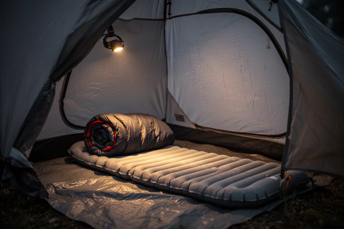 Interno di una tenda di notte con sacco a pelo e materassino sotto una luce calda