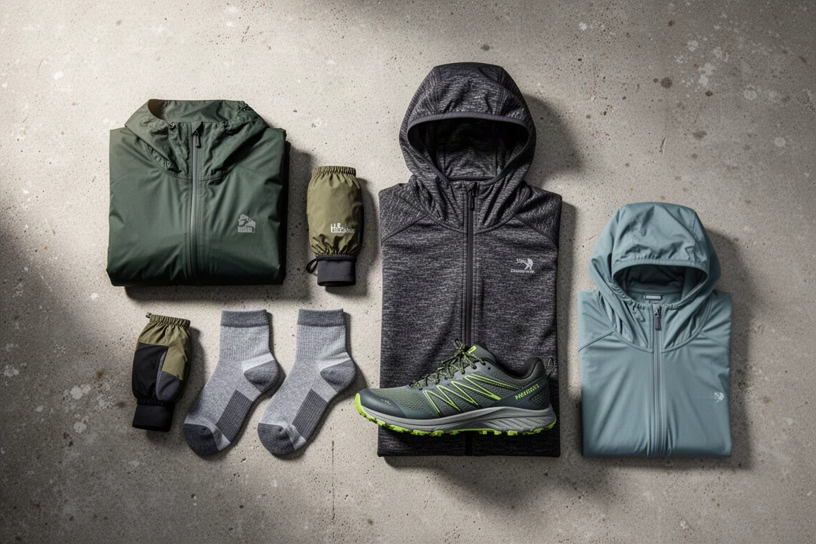 Flat lay of hiking rain shell, mitts, socks, trail runner and layers on concrete