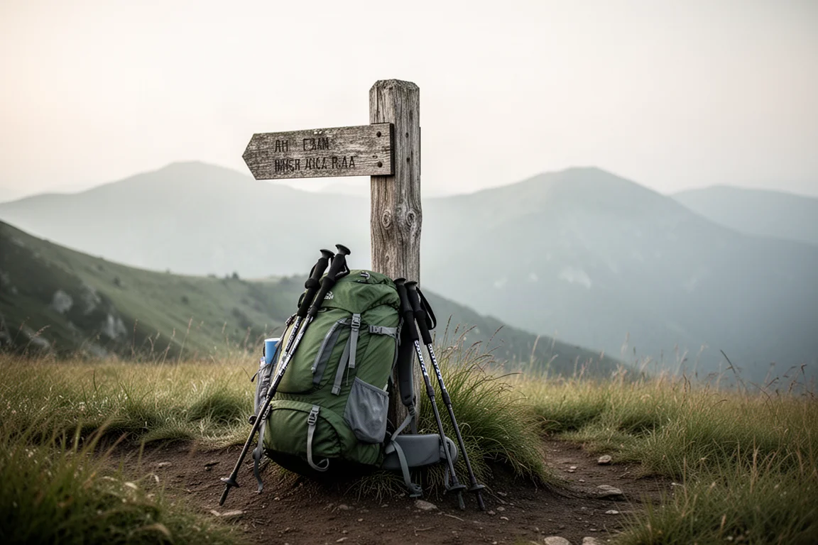 Loaded hiking backpack and trekking poles resting against a wooden trail marker on a mountain path