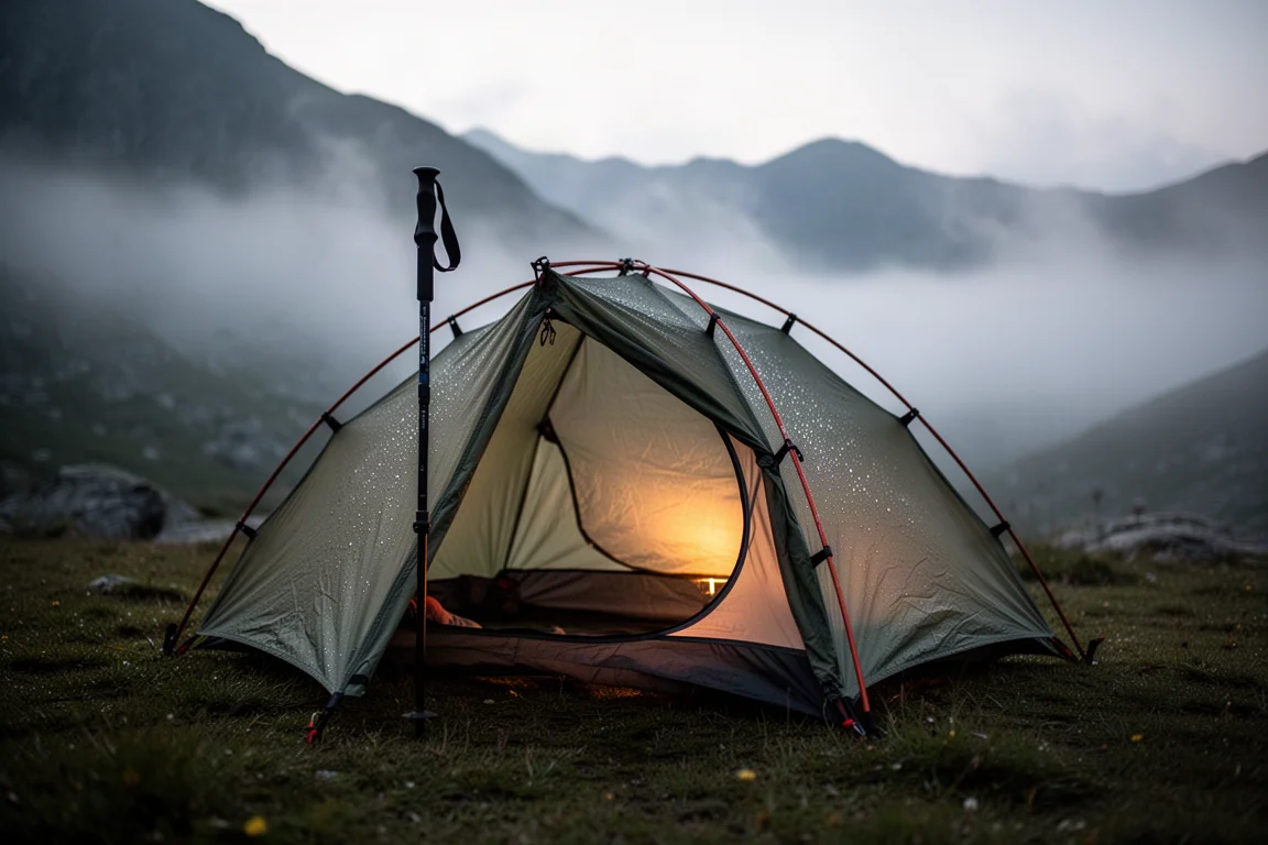Small trekking pole shelter pitched on a grassy alpine campsite at dusk with mist in the valley