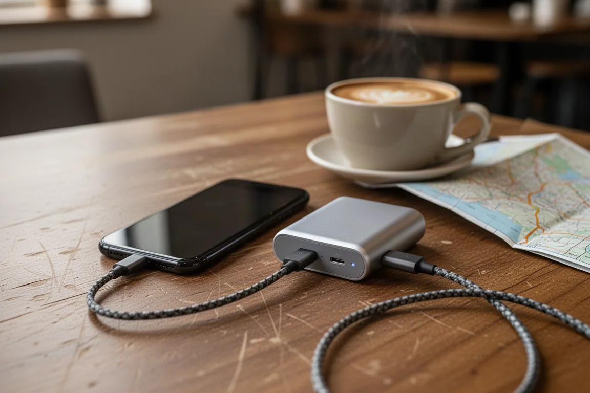Phone and power bank connected by a cable on a wooden cafe table beside a coffee cup and map
