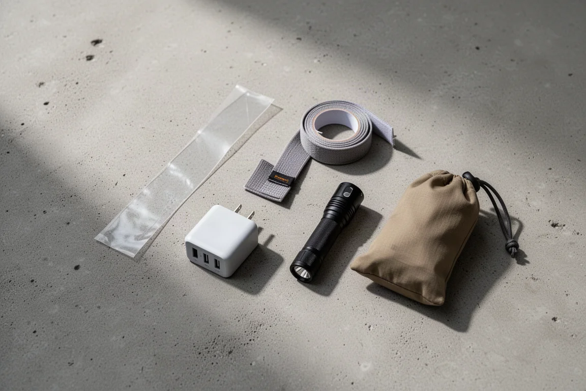 Overhead flat lay of small hiking repair and utility items on a concrete surface