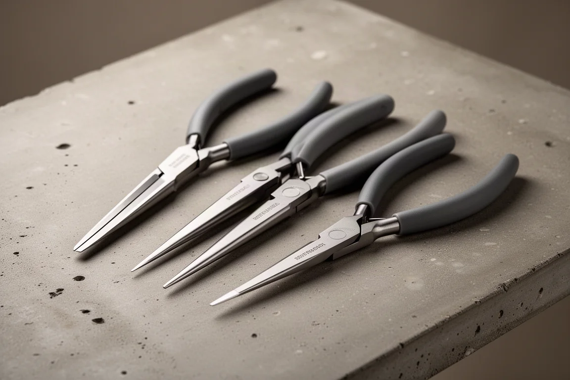 Four long-nose cutter and crimper hand tools fanned out on a concrete workbench