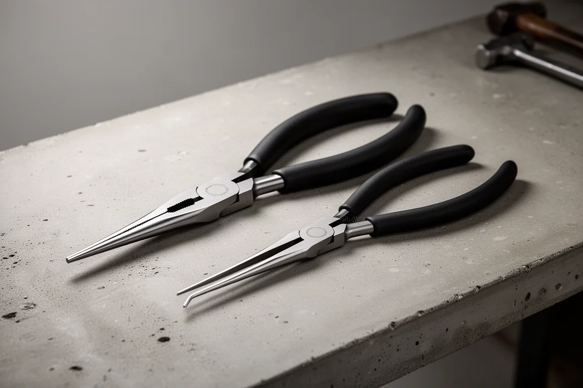 Premium and budget long reach needle-nose pliers side by side on concrete