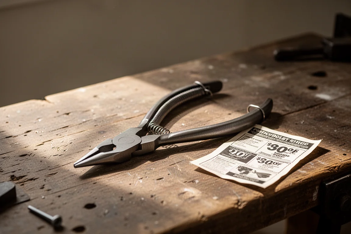 Pinza economica appoggiata su una semplice panca in legno con volantino coupon nelle vicinanze