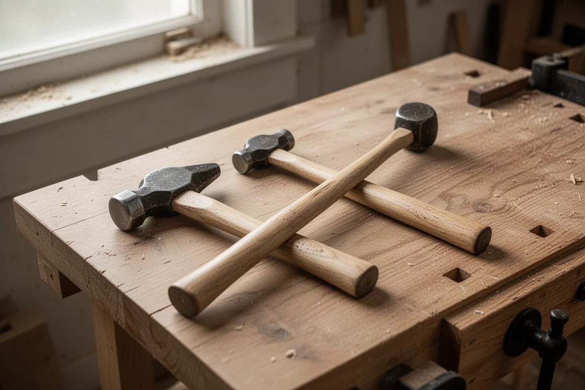 Workbench scene comparing a long-handled hammer with a standard ball peen hammer