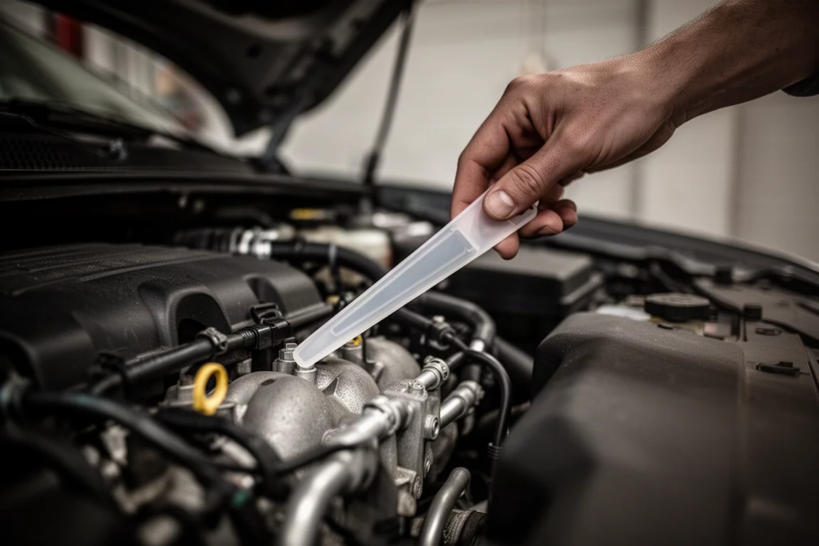 Close-up of an auto clip removal tool reaching into a tight engine bay area