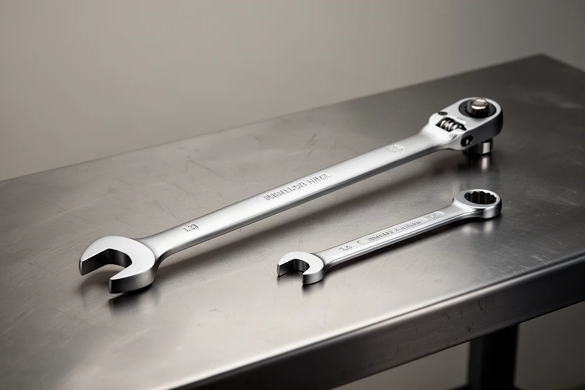 Long-reach wrench with flex head resting on a mechanic's workbench