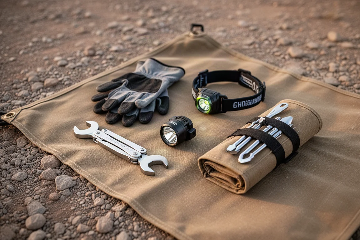 Overlanding gear laid out on a tarp with compact tools ready for a trip