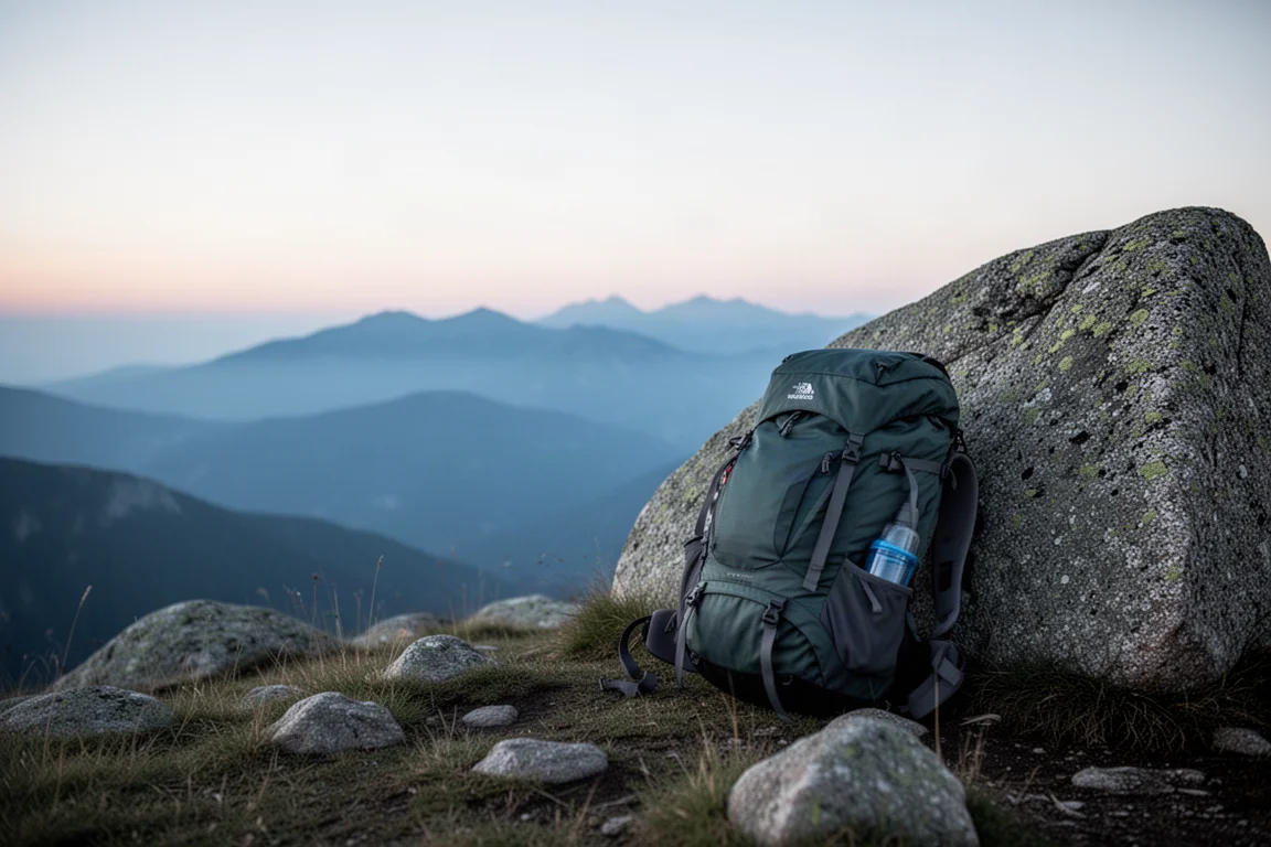 Loaded hiking backpack leaning against a boulder on a high ridge at dawn