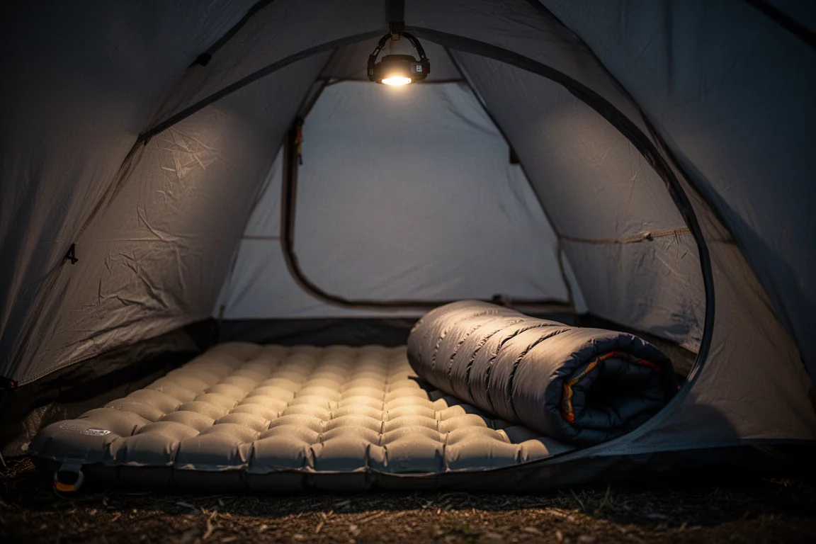 Inside a small backpacking tent with an inflated sleeping pad and warm headlamp light