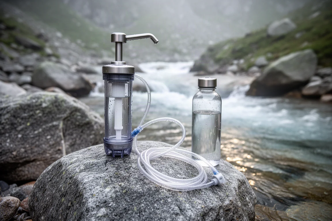 Hand pump water filter resting on a wet rock beside a clear alpine stream
