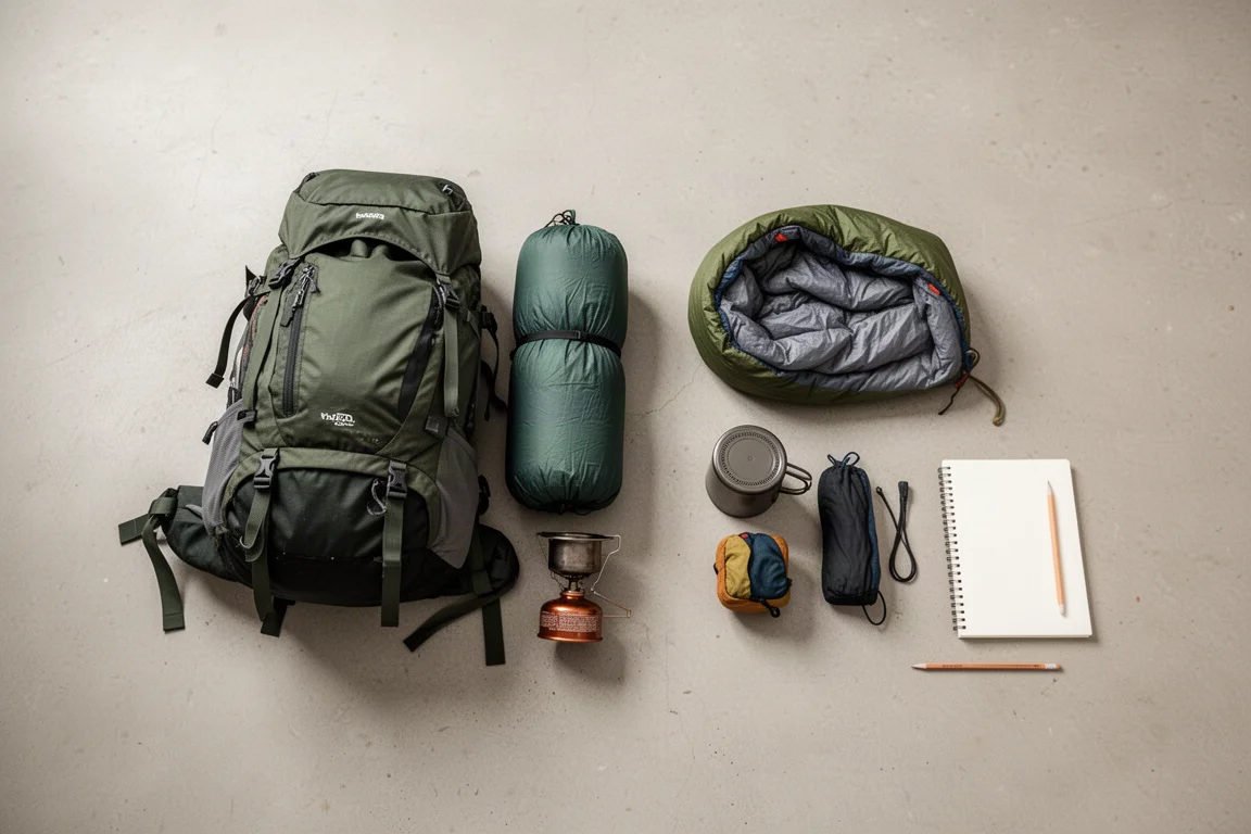 Backpacking gear sorted into two loose piles on a concrete floor