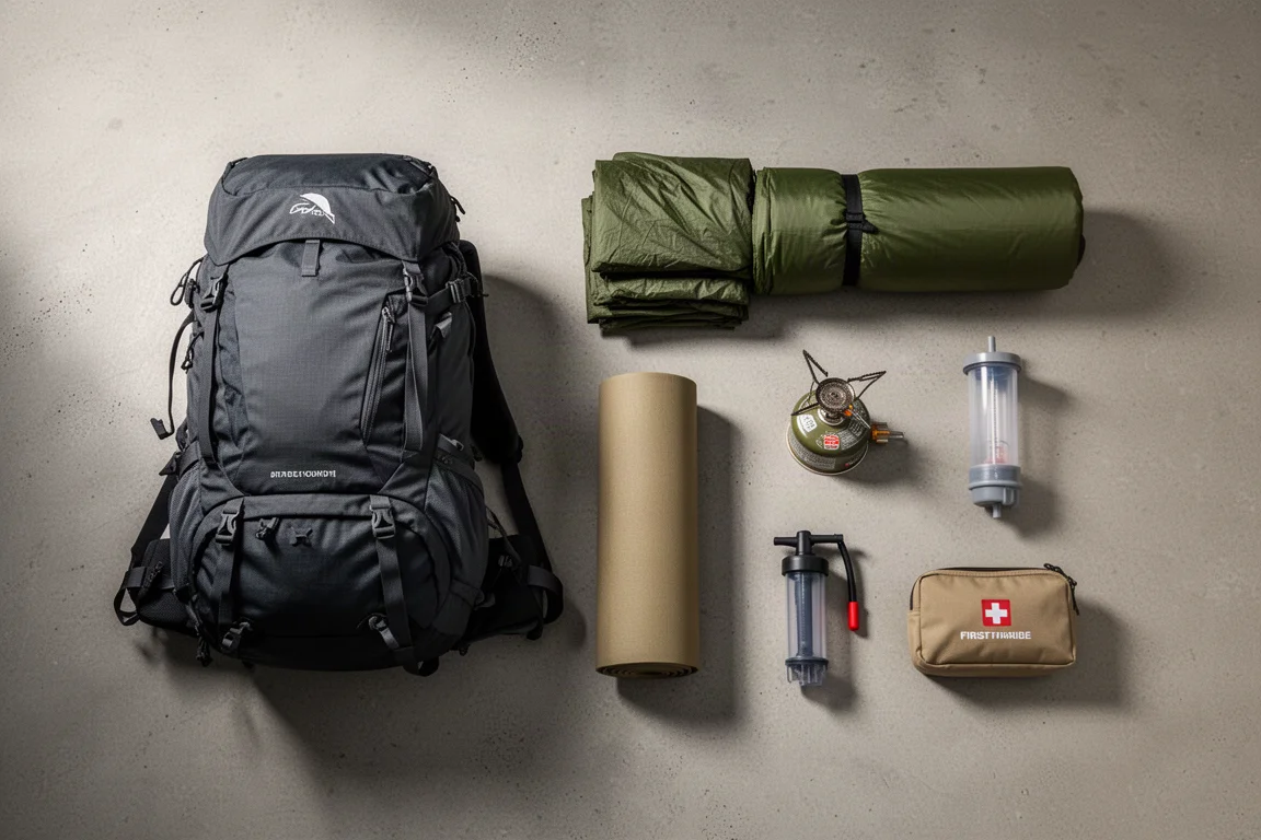 Flat-lay of backpacking gear including a large pack, tent, stove and water filter