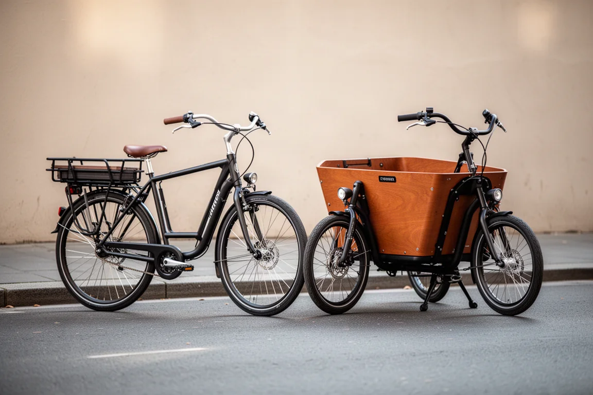 Longtail and front-loader cargo bikes parked side by side on a city street