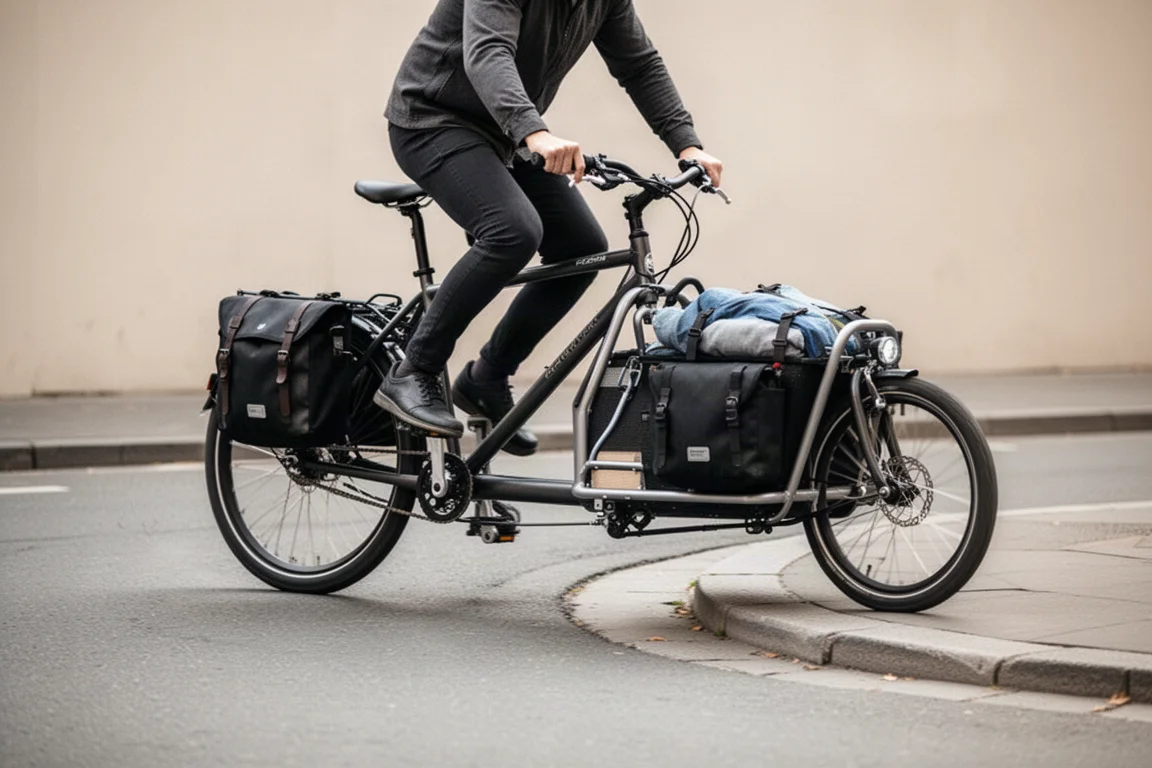 Rider navigating a longtail cargo bike through a tight city corner