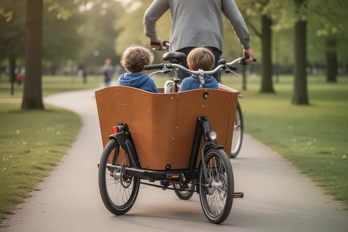 Front-loader cargo bike carrying children in the front bucket on a park path