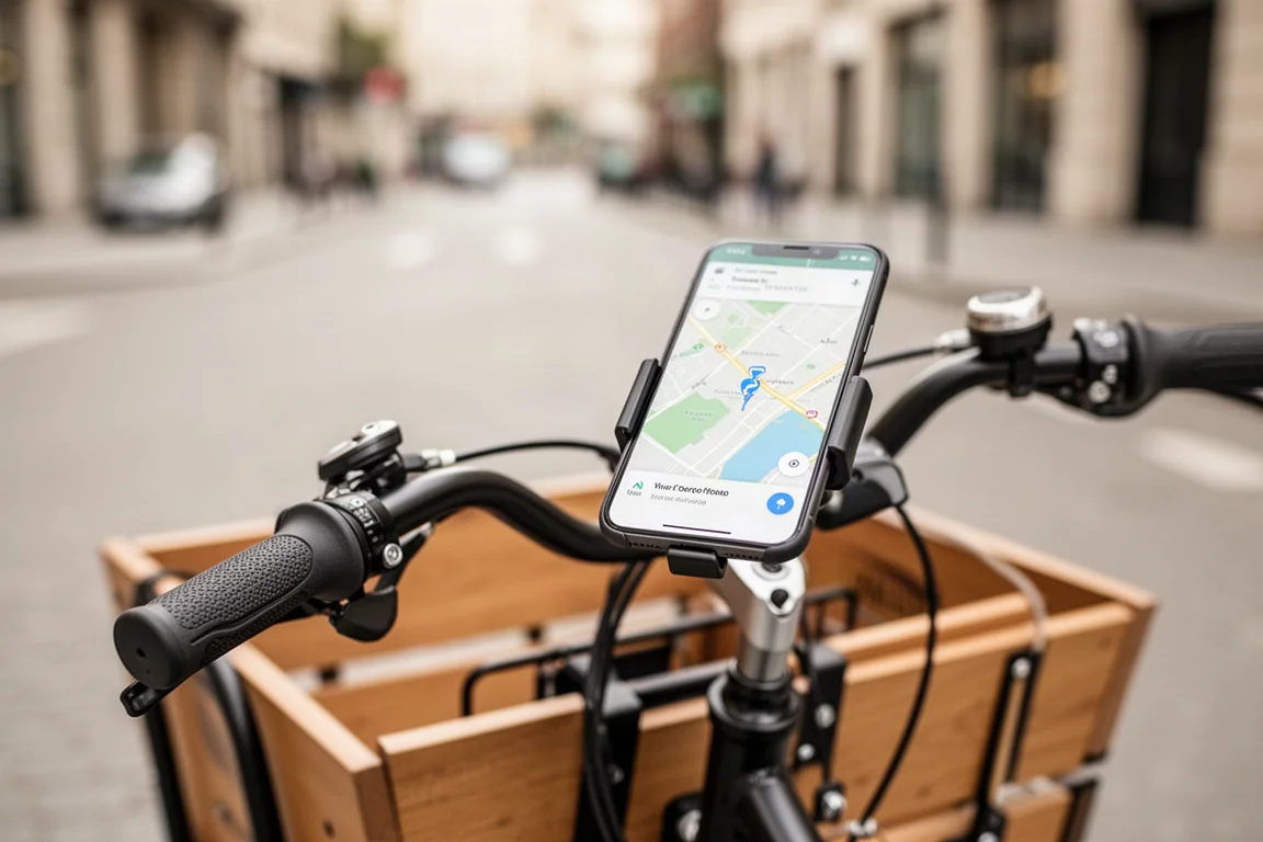 Close-up of a cargo bike handlebar with a smartphone showing navigation