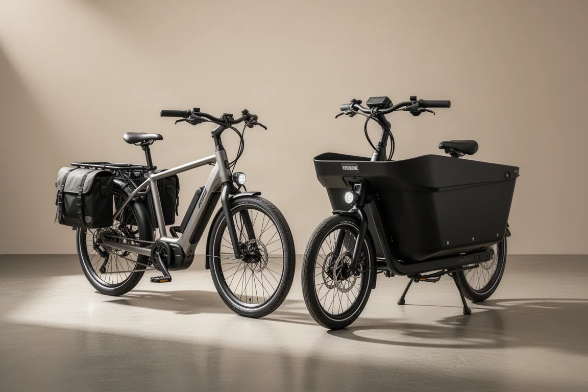 Longtail and front-loader electric cargo bikes side by side on concrete