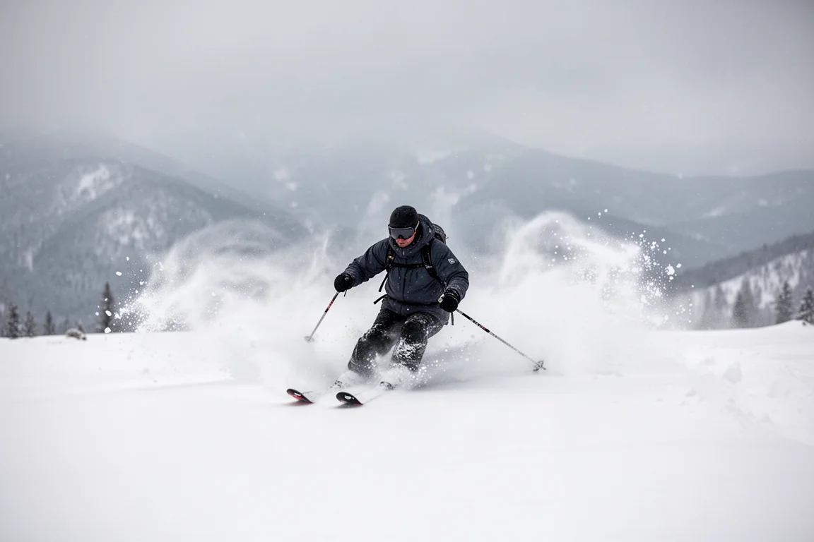 Skier skiing through soft fresh powder snow with snow spraying