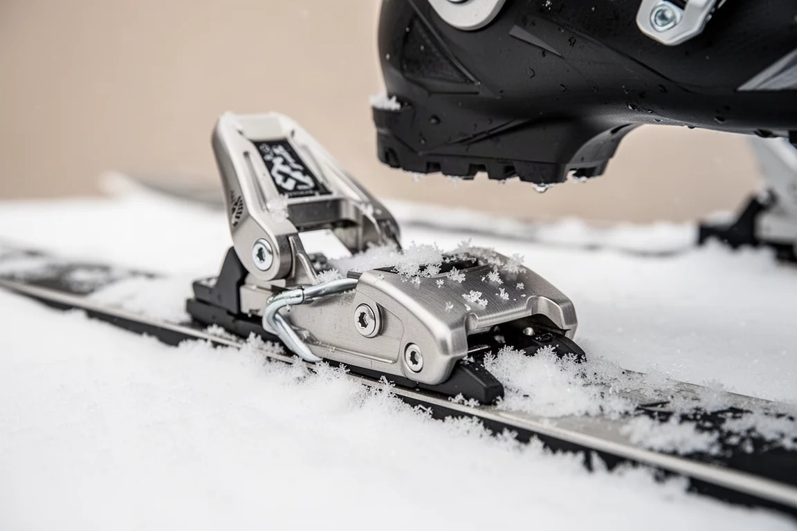 Close-up of a ski binding heel piece being clicked into on snow