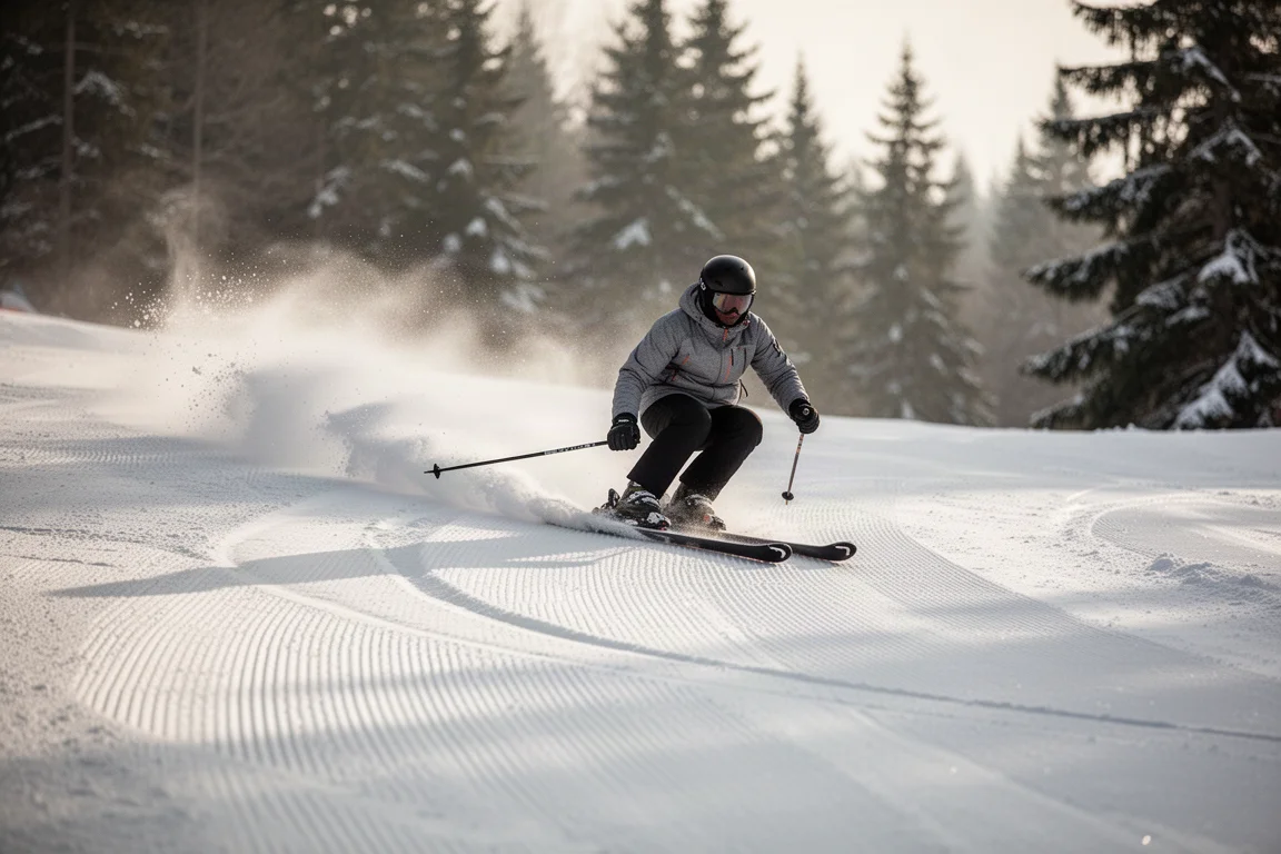 Skier carving a turn on groomed piste leaving a clean edge line