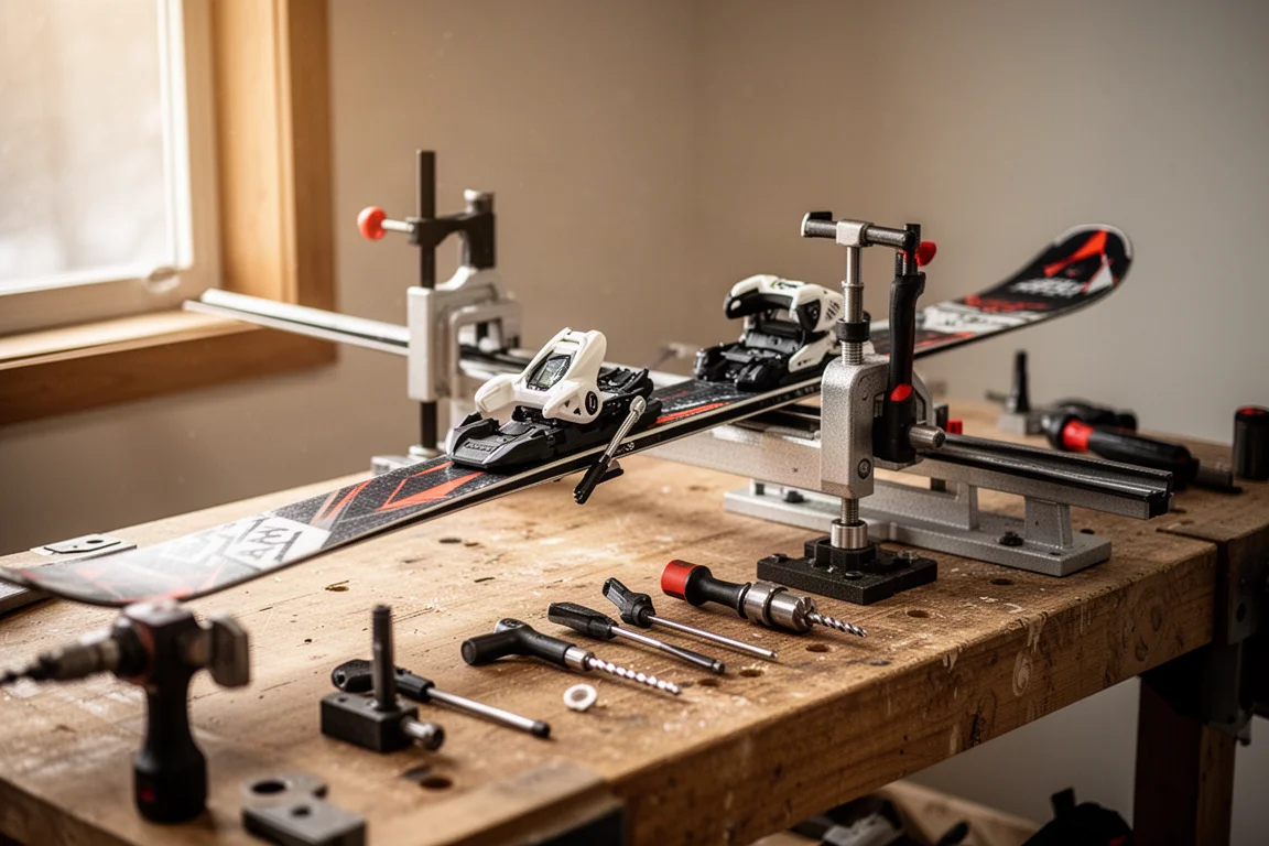 Skis and bindings mounted at a workshop bench in a ski shop