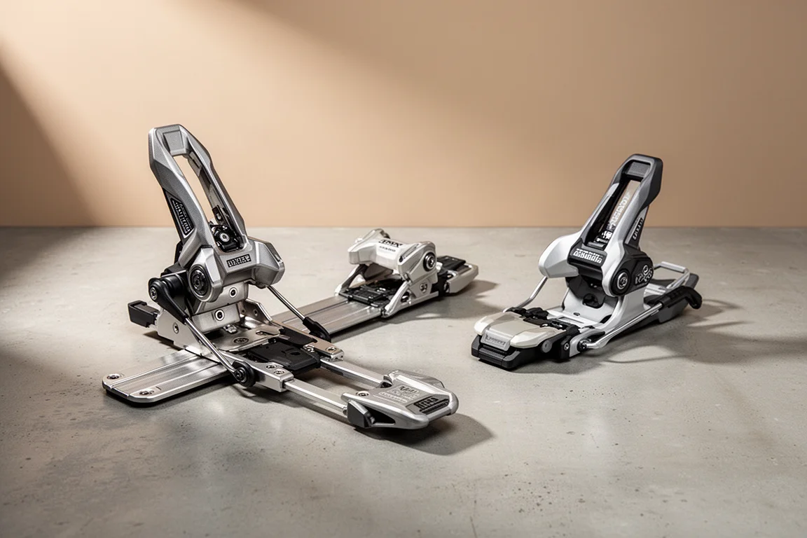 Look Pivot 18 and Look SPX12 ski bindings side by side on concrete surface