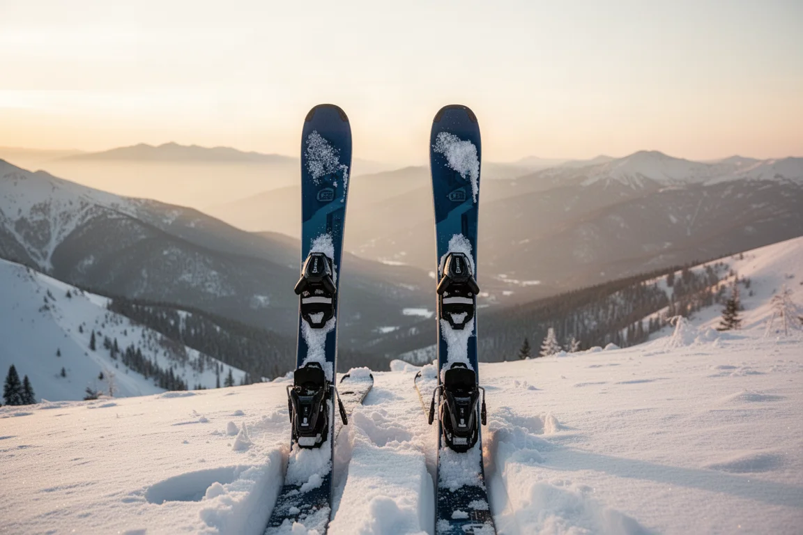 Para nart all-mountain wbitych tylem w świeży śnieg na grani o złotej godzinie