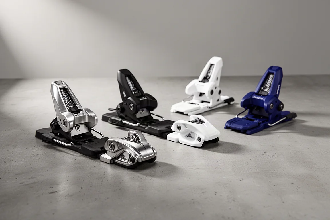 Four alpine ski bindings with metal and composite toe pieces arranged in a row on concrete