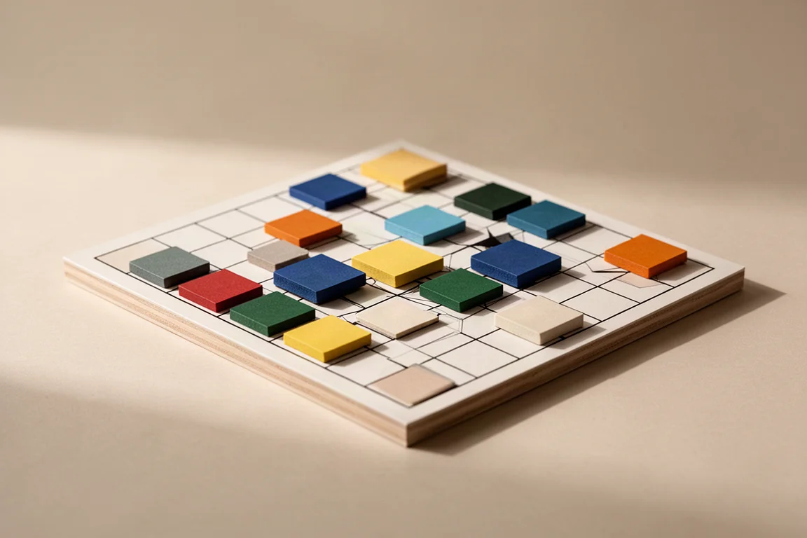 グリッドボードに色付きタイルを配置した抽象戦略ゲーム